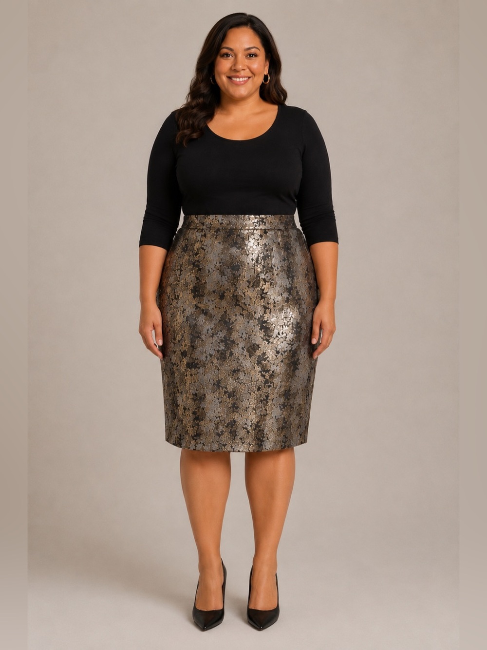 Liz Claiborne Metallic Floral Pencil Skirt in Gold and Black